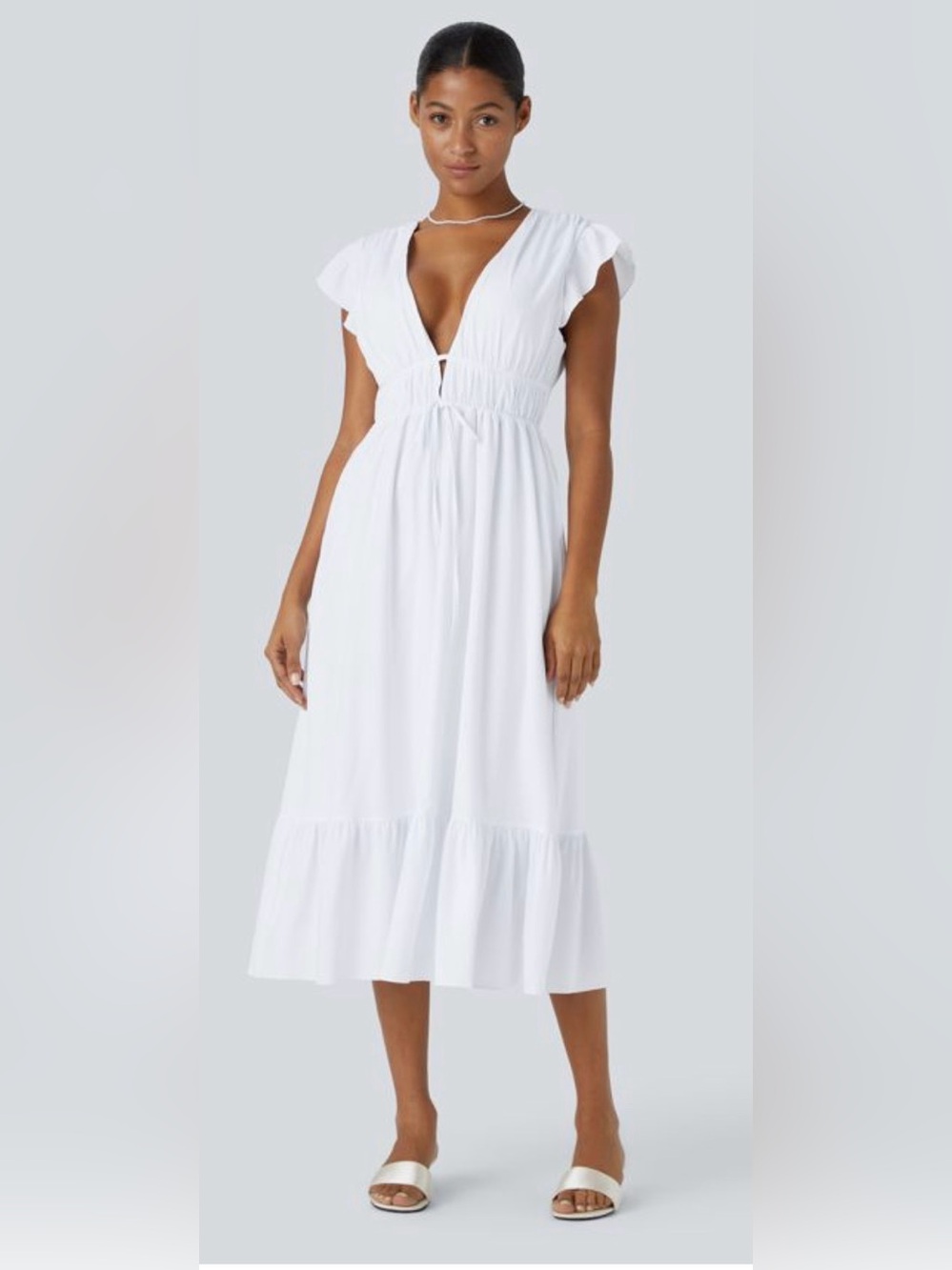HALARA White Breezeful Deep V Neck Butterfly Sleeve Dress with Ruffle Hem